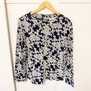 Loft Floral Embroidered Long Sleeve Blouse Button Neck M Deep Blue & White